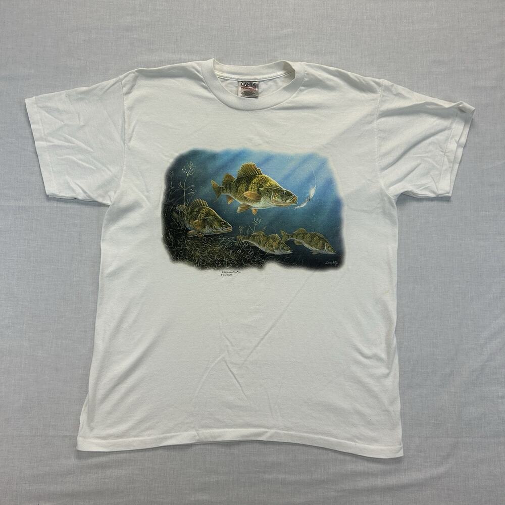 Vintage 90s Terry Doughty Walleye Fishing Graphic T-Shirt Men's Large White Tee